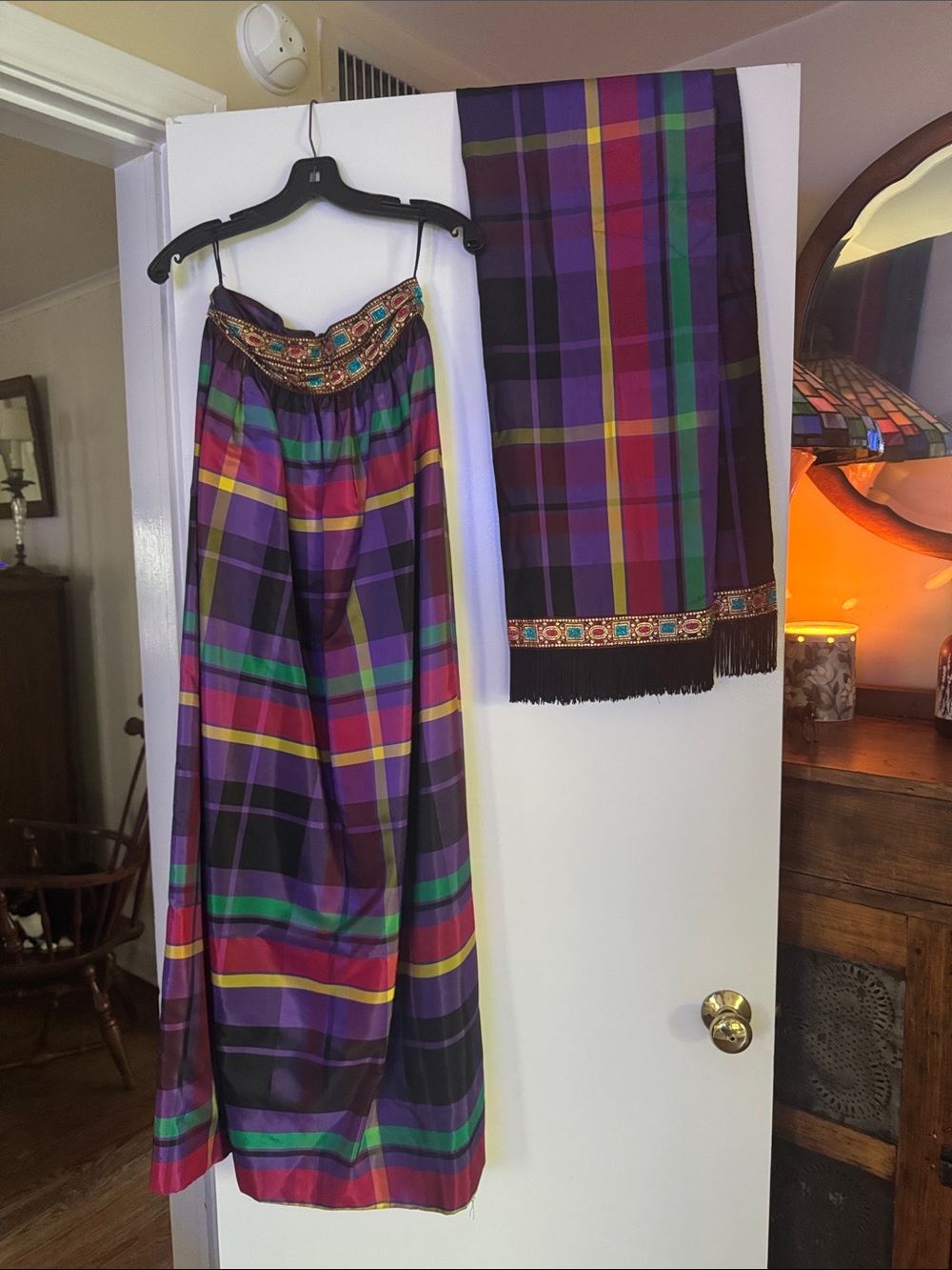 Beaded Waist Multicolor Taffeta Plaid Maxi Skirt - Purple plaid w/scarf/shawl